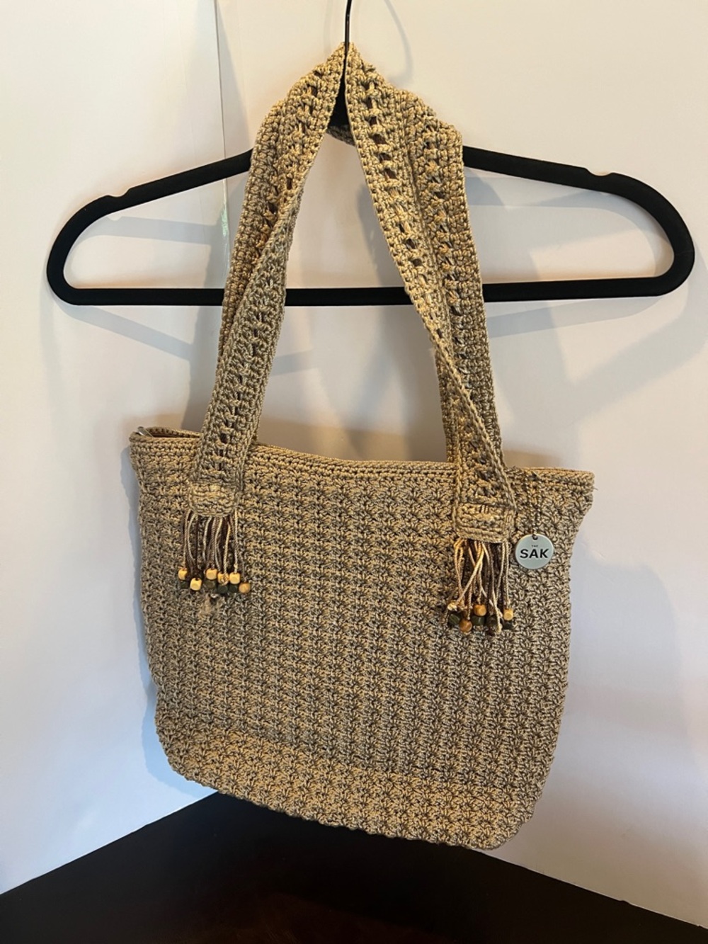 The Sak Beige Crochet Tote with Beaded Tassel Accents